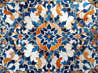 The primary subject of the image is a beautifully designed tile floor with a blue and orange color scheme. The setting is a room with a patterned floor, which adds a unique and artistic touch to the space. The visual style of the image is a close-up of the tile floor, showcasing the intricate design and colors. The colors and mood of the image are vibrant and lively, creating a warm and inviting atmosphere.