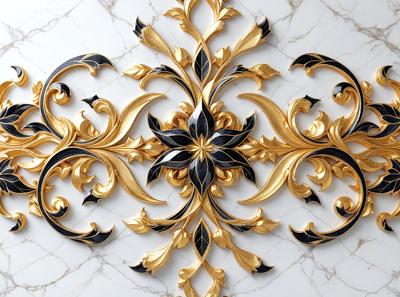 The primary subject of the image is a decorative design, possibly a wallpaper or a piece of art, featuring a gold and black color scheme. The setting is a marble surface, which adds to the elegance of the design. The visual style appears to be a combination of digital art and illustration, creating a unique and intricate pattern. The colors and mood of the image are sophisticated and luxurious, with the gold and black tones evoking a sense of opulence and refinement.