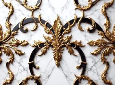 The primary subject of the image is a decorative piece made of gold and black materials. The piece is mounted on a marble surface, which serves as the setting or background. The visual style of the image is a combination of photo and digital art, as it appears to be a photograph of a digital artwork. The colors and mood of the image are predominantly gold and black, giving it an elegant and sophisticated appearance.