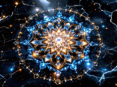 The primary subject of the image is a large, intricate, and colorful geometric pattern, which appears to be a blue and gold design. The setting is a dark background, which contrasts with the vibrant colors of the pattern. The visual style of the image is a combination of digital art and illustration, creating a unique and eye-catching design. The dominant colors in the image are blue and gold, giving the pattern a luxurious and elegant appearance.