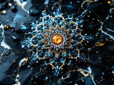 The primary subject of the image is a blue and gold flower, which is the main object, scene, or focus of the image. The setting or background features a black and gold surface, which adds to the visual style of the image. The colors and mood of the image are predominantly blue and gold, creating a sense of elegance and sophistication.