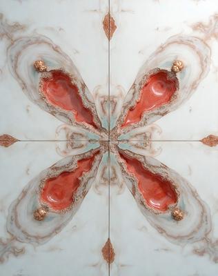 The primary subject of the image is a decorative piece of artwork, possibly a sculpture or a painting, featuring a design that resembles a butterfly or a flower. The setting is a white marble surface, which serves as the background for the artwork. The visual style of the image is a combination of photo and digital art, creating a unique and intricate design. The colors and mood of the image are predominantly white and neutral, with the artwork adding a touch of vibrancy and cre