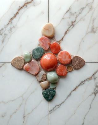 The primary subject of the image is a decorative arrangement of various colored rocks, including red, green, and orange, arranged in a star shape on a marble surface. The setting is a white marble countertop, and the visual style is a combination of a photo and digital art. The colors and mood of the image are vibrant and lively, with the star-shaped arrangement of rocks creating a visually appealing and unique design.