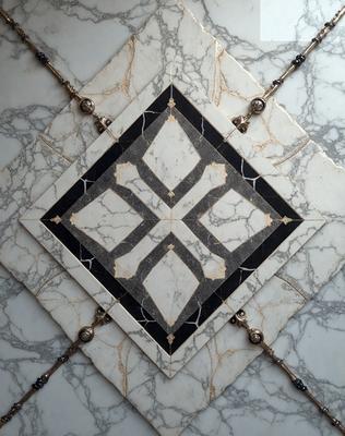 The primary subject of the image is a marble tile with a black and white pattern. The setting is a marble wall, and the visual style is a close-up of the tile. The colors and mood of the image are predominantly black and white, giving it a classic and elegant appearance.