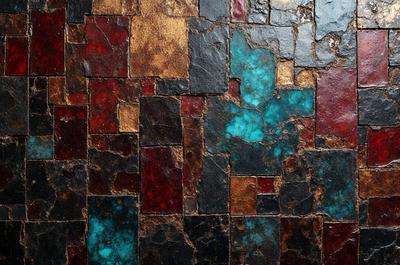 The primary subject of the image is a close-up of a tile with a blue and green pattern. The setting is a wall, and the visual style appears to be a photo. The dominant colors are blue and green, creating a calm and soothing atmosphere.