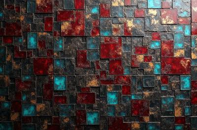 The primary subject of the image is a large, multi-colored tile wall. The setting is a room with a blue and red color scheme. The visual style is a combination of digital art and illustration, creating a unique and eye-catching pattern. The dominant colors are red and blue, giving the wall a vibrant and lively appearance.