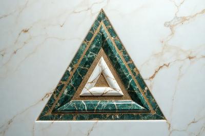 The primary subject of the image is a green marble triangle with a gold triangle on top of it. The setting is a marble wall, and the visual style is a combination of photo and digital art. The dominant colors are green and gold, creating a sense of luxury and sophistication.