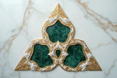 The primary subject of the image is a decorative piece featuring a gold triangle with green and white accents. The setting is a marble surface, and the visual style appears to be a combination of digital art and illustration. The dominant colors are gold, green, and white, creating a sense of elegance and sophistication.