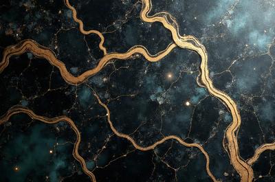 The primary subject of the image is a blue and gold marbled surface, which appears to be a piece of art or a decorative item. The setting is a dark room, and the visual style is a combination of photo and digital art. The dominant colors are blue and gold, creating a rich and luxurious atmosphere.