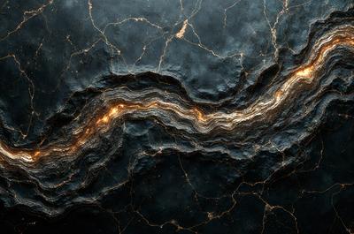 The primary subject of the image is a black and gold rock formation, possibly a piece of art or a natural formation. The setting is a dark background, which contrasts with the rock formation. The visual style appears to be a combination of a photo and digital art, creating a unique and intriguing appearance. The colors and mood of the image are predominantly dark, with the gold and black colors adding a sense of depth and contrast to the overall composition.