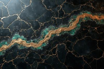 The primary subject of the image is a gold and blue striped design on a black background. The setting is a black marble surface, and the visual style appears to be a combination of digital art and illustration. The dominant colors are gold and blue, creating a striking contrast against the black background. The overall atmosphere of the image is elegant and sophisticated.