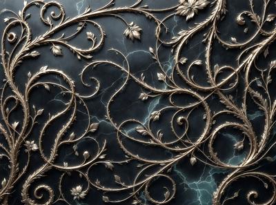 The primary subject of the image is a decorative metal design, possibly a wallpaper or a piece of art, featuring a combination of gold and black colors. The setting is a black background, which contrasts with the gold and black design. The visual style appears to be a combination of digital art and illustration, creating a unique and intricate pattern. The overall atmosphere of the image is elegant and sophisticated, with the gold and black design adding a touch of luxury and refinement.
