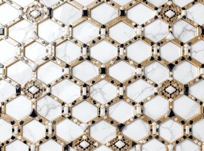 The primary subject of the image is a patterned wall made of marble. The setting is a room with a white marble wall, and the visual style is a close-up of the wall. The colors and mood of the image are predominantly white and gold, giving it a luxurious and elegant appearance.