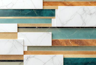 The primary subject of the image is a marble tile with a blue and white pattern. The setting is a wall with a variety of tiles, including a gold and blue striped tile. The visual style is a close-up of the marble tile, showcasing its intricate design. The colors and mood of the image are predominantly blue and white, creating a clean and elegant atmosphere.