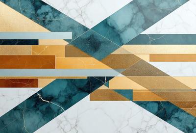 The primary subject of the image is a marble countertop with a blue and gold pattern. The setting is a kitchen, and the visual style is a combination of digital art and illustration. The dominant colors are blue and gold, creating a luxurious and elegant atmosphere.
