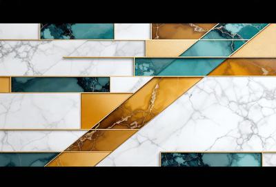 The primary subject of the image is a marble tile with a gold and blue pattern. The setting is a bathroom, and the visual style is a combination of photo and digital art. The dominant colors are gold, blue, and white, creating a luxurious and elegant atmosphere.