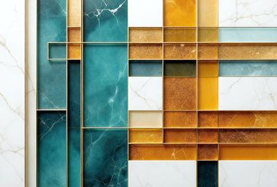 The primary subject of the image is a marble tile with a gold border. The setting is a bathroom, and the visual style is a combination of photo and digital art. The dominant colors are gold, white, and blue, creating a luxurious and elegant atmosphere.