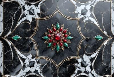 The primary subject of the image is a large, intricately designed, and colorful flower made of gemstones. The flower is the centerpiece of the scene, and it is set against a black and white marble background. The visual style of the image is a combination of photo and digital art, creating a unique and eye-catching design. The dominant colors in the image are black, white, and various shades of green, which contribute to a sophisticated and elegant atmosphere.