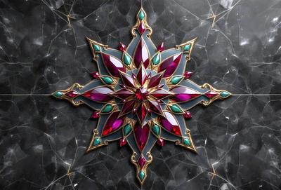 The primary subject of the image is a beautifully crafted, colorful, and intricate star-shaped design. The star is made up of various colored gemstones, including red, green, and blue, which add a vibrant and lively touch to the overall design. The setting of the image is a black marble surface, which provides a striking contrast to the star's colors. The visual style of the image is a combination of digital art and illustration, creating a unique and eye-catching piece of