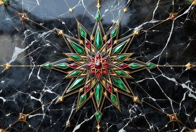The primary subject of the image is a beautifully crafted, intricate, and colorful star design. The star is made up of various shapes and colors, including green, red, and gold. The setting is a black marble surface, which serves as the backdrop for the star. The visual style of the image is a combination of digital art and illustration, creating a vibrant and eye-catching pattern. The colors and mood of the image are lively and energetic, with the star's v