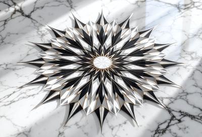The primary subject of the image is a large, intricate, and colorful paper cutout of a flower. The setting is a marble table, and the visual style is a combination of digital art and illustration. The dominant colors in the image are white, black, and gold, creating a vibrant and eye-catching appearance. The overall atmosphere of the image is creative and artistic, showcasing the beauty and craftsmanship of the paper cutout.