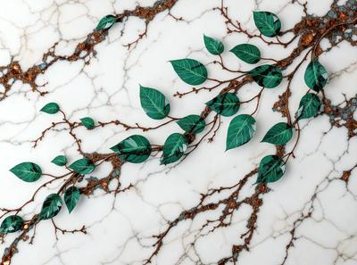 The primary subject of the image is a green plant with leaves that is growing on a marble surface. The plant appears to be a tree with a long stem, and the leaves are arranged in a way that resembles a vine. The setting is a marble countertop, and the visual style is a close-up of the plant, showcasing its details. The colors and mood of the image are predominantly green, which gives it a natural and serene atmosphere.