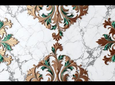 The primary subject of the image is a decorative wooden carving, which is placed on a marble surface. The carving features a design with green leaves and gold accents, creating a visually appealing and intricate pattern. The setting is a marble countertop, which serves as the backdrop for the carving. The visual style of the image is a combination of artistic craftsmanship and natural materials, giving it a unique and elegant appearance. The colors and mood of the image are predominantly warm and