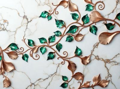 The primary subject of the image is a decorative design featuring a tree with green leaves. The setting is a marble surface, which serves as the background. The visual style is a combination of digital art and illustration, creating a unique and intricate pattern. The dominant colors are green and gold, giving the design a warm and natural atmosphere.
