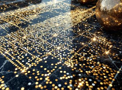 The primary subject of the image is a black marble table with a pattern of gold stars on it. The table is set on a black background, giving it a modern and sophisticated appearance. The visual style of the image is a close-up of the table, showcasing the intricate pattern of gold stars. The colors and mood of the image are predominantly black and gold, creating a luxurious and elegant atmosphere.