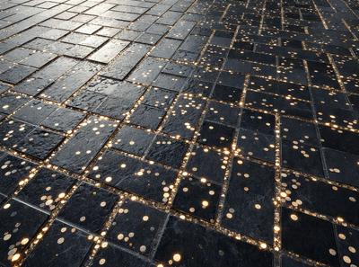 The primary subject of the image is a black tile floor with a pattern of gold dots. The setting is a room with a black tile floor, and the visual style is a photo. The colors and mood of the image are predominantly black and gold, creating a luxurious and elegant atmosphere.