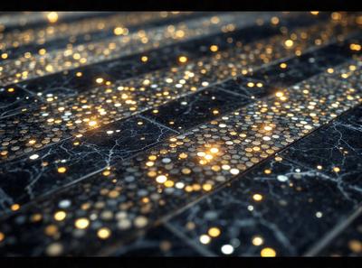 The primary subject of the image is a close-up of a marble floor with a pattern of gold glittering dots. The setting is a black and white photo, which gives the image a classic and elegant appearance. The visual style is a combination of a photo and digital art, creating a unique and eye-catching pattern. The colors and mood of the image are predominantly black and white, with the gold glittering dots adding a touch of warmth and sophistication.