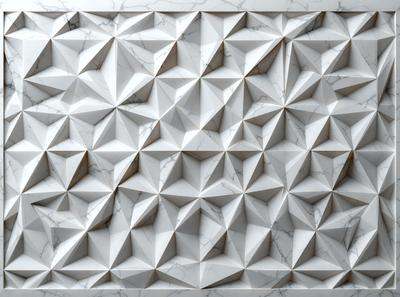 The primary subject of the image is a white marble wall with a geometric pattern. The setting is a room with a white marble wall as the main focus. The visual style is a close-up of the marble wall, showcasing its intricate design. The colors and mood of the image are predominantly white, giving it a clean and elegant appearance.