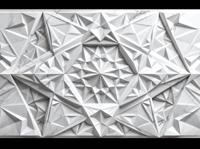 The primary subject of the image is a white marble wall with a geometric pattern. The setting is a room with a white marble wall as the main focus. The visual style is a close-up of the marble wall, showcasing its intricate design. The colors and mood of the image are predominantly white, giving it a clean and elegant appearance.