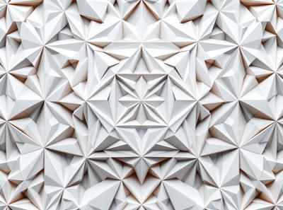 The primary subject of the image is a white, geometric pattern. The pattern is composed of multiple white triangles, creating a visually striking and intricate design. The setting is a white wall, which serves as a clean and uncluttered backdrop for the pattern. The visual style of the image is a combination of digital art and illustration, as the triangles are carefully crafted and arranged to create a cohesive and harmonious design. The colors and mood of the image are predominantly white, giving it