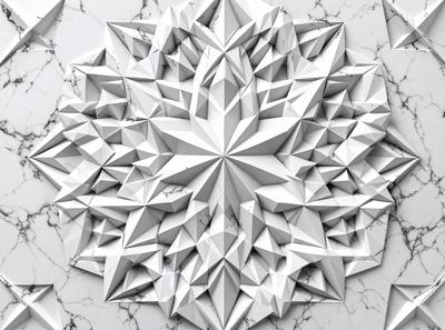 The primary subject of the image is a white, geometric design or pattern, possibly a flower or a star, which is set against a white marble or stone background. The visual style appears to be a combination of digital art and illustration, creating a clean and modern look. The colors and mood of the image are predominantly white, giving it a minimalist and elegant appearance.