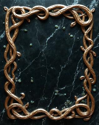 The primary subject of the image is a decorative mirror with a gold frame. The mirror is placed on a black marble surface, which serves as the setting or background. The visual style of the image is a close-up of the mirror, showcasing its intricate design and craftsmanship. The colors and mood of the image are predominantly dark, with the gold frame providing a touch of warmth and elegance.