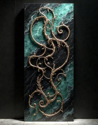 The primary subject of the image is a decorative piece made of metal, featuring a dragon design. The setting is a black marble wall, which serves as the backdrop for the artwork. The visual style is a combination of digital art and illustration, creating a unique and intricate design. The colors and mood of the image are predominantly dark, with the metal dragon piece and the black marble wall creating a dramatic and striking appearance.