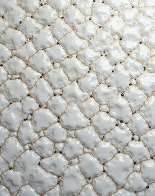The primary subject of the image is a white tile with a pattern of black dots. The setting is a wall, and the visual style appears to be a patterned tile. The dominant colors are white and black, creating a clean and modern atmosphere.