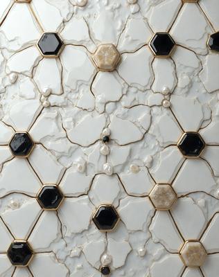 The primary subject of the image is a marble tile with a hexagonal pattern. The setting is a bathroom, and the visual style is a photo. The dominant colors are white and black, creating a clean and elegant atmosphere.