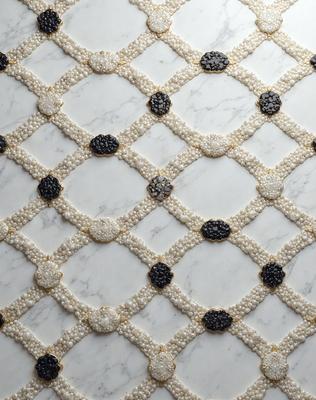 The primary subject of the image is a white and black patterned design on a marble surface. The setting is a marble countertop, and the visual style appears to be a combination of a photo and digital art. The dominant colors are white and black, creating a contrasting and elegant appearance.
