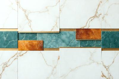 The primary subject of the image is a marble tile with a blue and green pattern. The setting is a bathroom, and the visual style is a photo. The dominant colors are blue and green, creating a calm and soothing atmosphere.