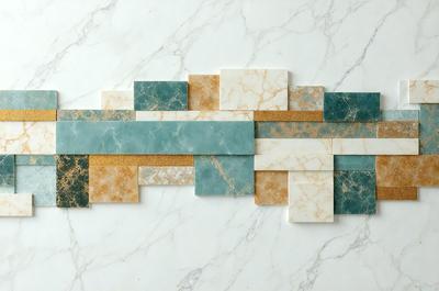 The image features a marble-like pattern on a white surface, possibly a marble countertop. The pattern is made up of various shapes and colors, including blue, yellow, and white. The overall atmosphere of the image is elegant and sophisticated, with the marble pattern adding a touch of luxury and refinement to the setting.