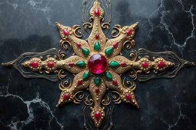 The primary subject of the image is a gold and red decorative piece, possibly a cross or a religious symbol. The setting is a black background, which contrasts with the gold and red colors of the decoration. The visual style appears to be a combination of digital art and illustration, as the decoration is intricately designed and detailed. The colors and mood of the image are vibrant and bold, with the gold and red colors evoking a sense of warmth and spirituality.
