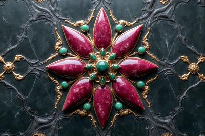 The primary subject of the image is a decorative piece featuring a red flower with green leaves. The setting is a green background, and the visual style appears to be a combination of photo and digital art. The dominant colors are red and green, creating a vibrant and lively atmosphere.
