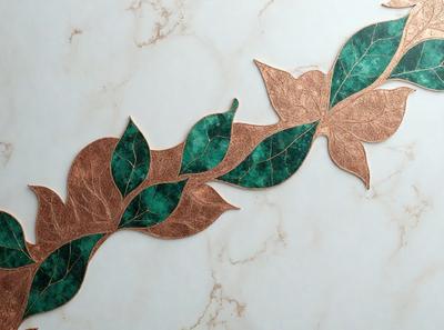 The primary subject of the image is a decorative piece featuring a leaf design. The setting is a marble surface, and the visual style appears to be a combination of digital art and illustration. The dominant colors in the image are green and brown, creating a natural and earthy atmosphere.