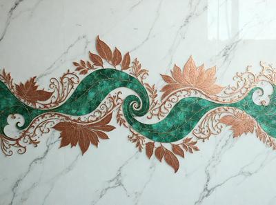 The primary subject of the image is a decorative design featuring a leaf pattern. The design is displayed on a marble surface, which serves as the setting and background of the image. The visual style of the image is a combination of digital art and illustration, creating a unique and intricate pattern. The colors and mood of the image are predominantly green, which adds a sense of freshness and natural beauty to the design.