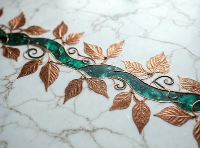 The primary subject of the image is a decorative piece featuring a green and gold leaf design. The setting is a marble table, and the visual style appears to be a combination of digital art and illustration. The colors in the image are predominantly green and gold, creating a warm and inviting atmosphere.