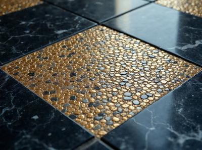 The primary subject of the image is a black and gold tile floor. The setting is a room with a black and gold checkered floor. The visual style is a close-up of the floor, showcasing the intricate design of the tiles. The colors and mood of the image are a combination of black, gold, and a slightly darker tone, creating a sophisticated and elegant atmosphere.