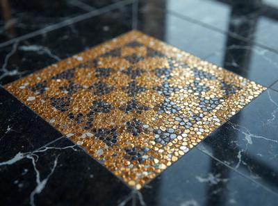 The primary subject of the image is a square tile with a gold and black pattern. The setting is a black and white marble floor, which serves as the background. The visual style is a close-up of the tile, showcasing its intricate design. The colors and mood of the image are predominantly black and gold, giving it a sophisticated and elegant appearance.
