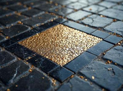 The primary subject of the image is a square tile with a gold pattern on it. The tile is placed on a black surface, which could be a floor or a wall. The visual style of the image is a close-up of the tile, showcasing its intricate design. The colors and mood of the image are predominantly black and gold, giving it a sophisticated and elegant appearance.